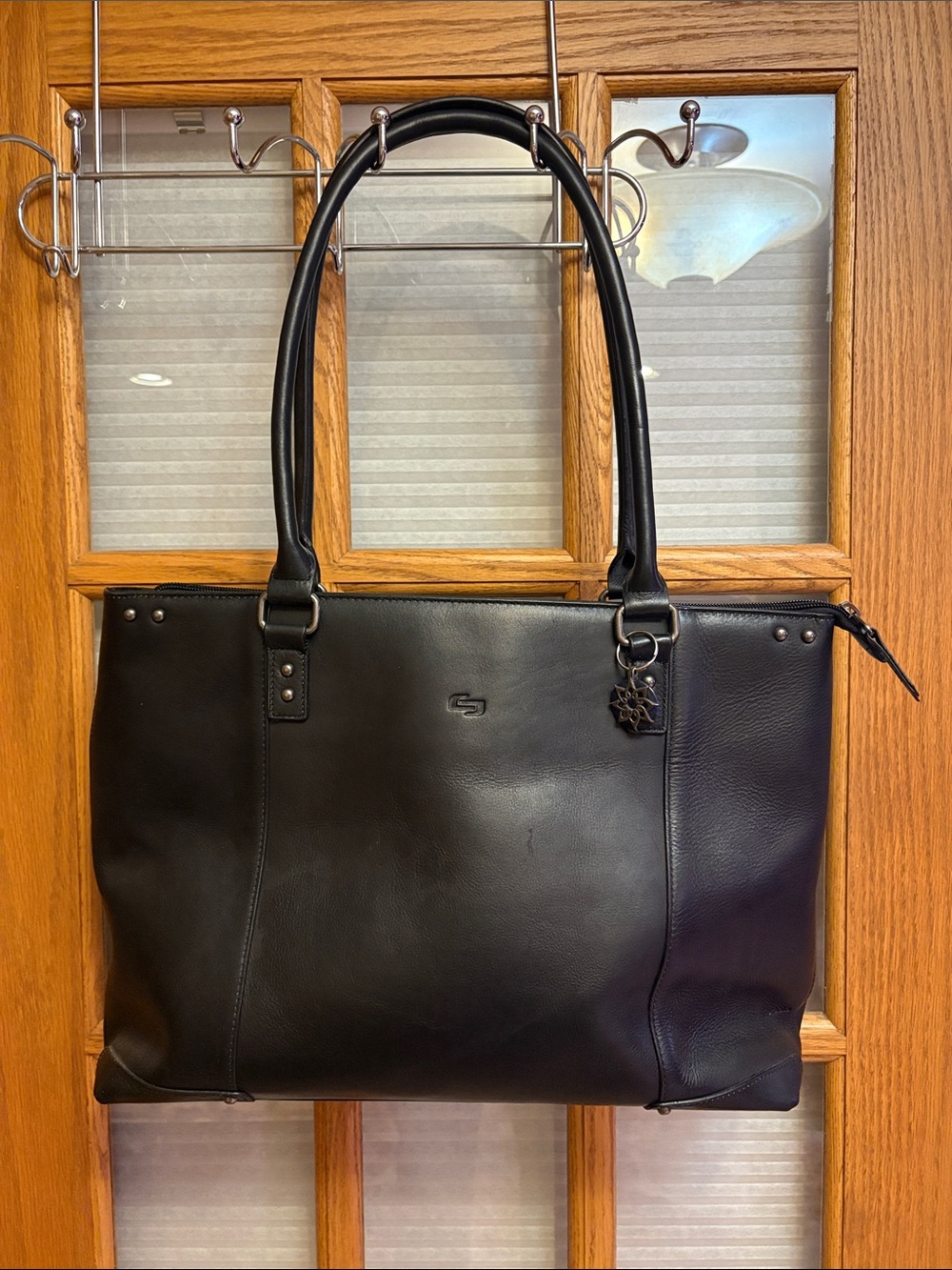 solo Black Leather Laptop Shoulder Tote with Charm Accent